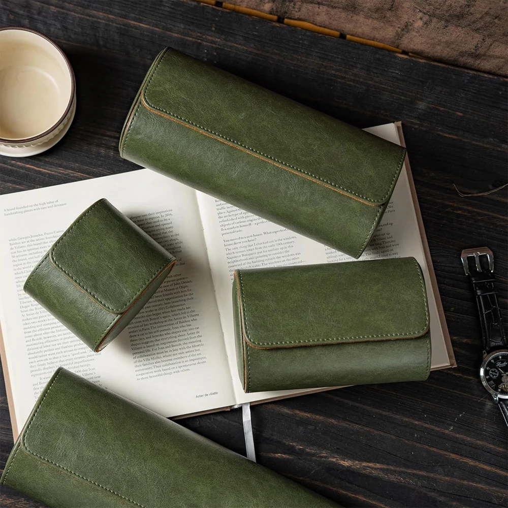 Watch Travel Roll Case 3 Slots Leather - 가죽 시계 여행 케이스, 휴대용 그린