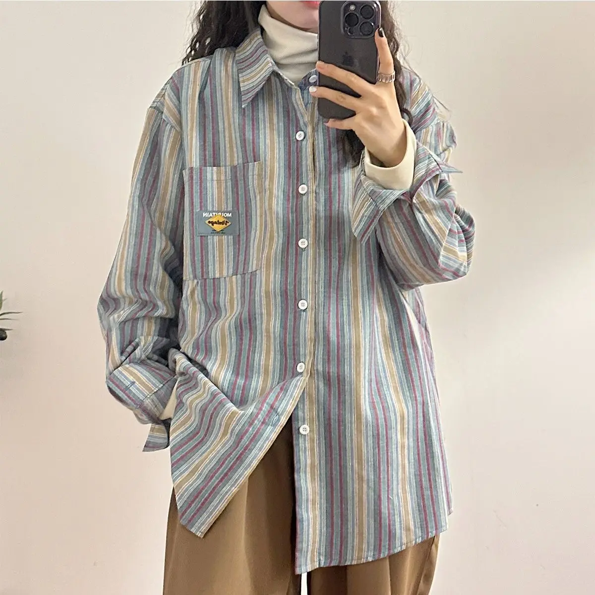 American Retro Striped Long-Sleeved Shirt Women Summer New Contrasting Color Niche Design Casual Versatile Loose Lazy Style Jack