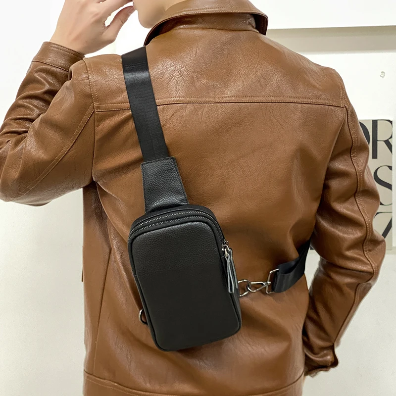 2024 New Brand Men\'s Chest Bag 100% Genuine Leather Shoulder Bag Husband Messenger Bags Multifunctional Mobile Design Phone Bag