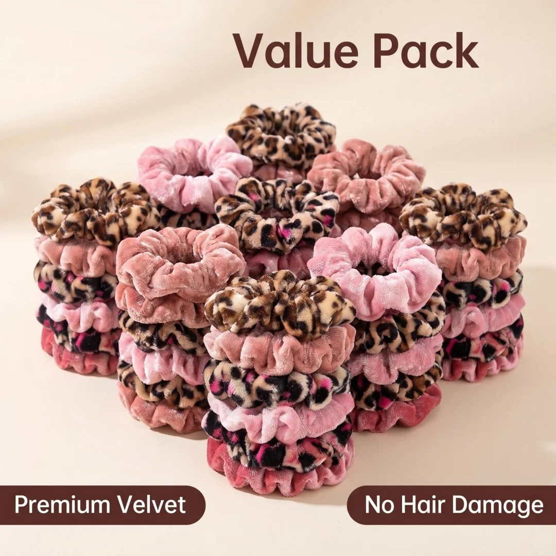 30/18/6 Stück/Set Scrunchies für Damen, Samt-Haargummis mit Leopardenmuster, Niedliche Elastische Haarbänder, Kopfschmuck-Accessoires, Lässige Party-Accessoires, Einfarbig Bedruckt in Rosa