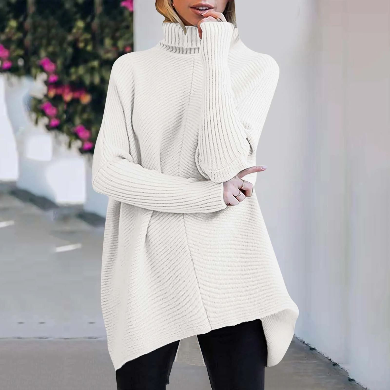 

Women'S Solid Color Irregular Hem Turtleneck Pullover Long Sleeve Loose Knit Sweater Casual Warm Comfortable Simple Sweater