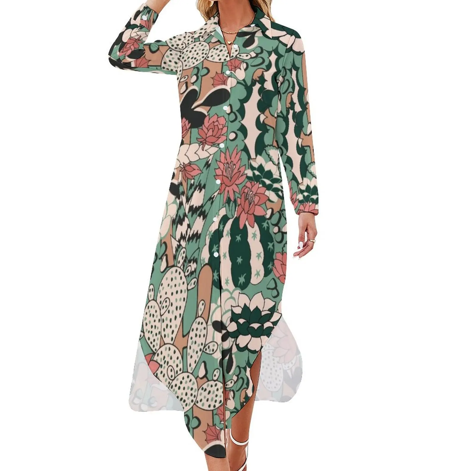 

Cacti and Succulent Long Sleeved Shirt Dress evening dress ladies dresses for women 2024 womens clothing