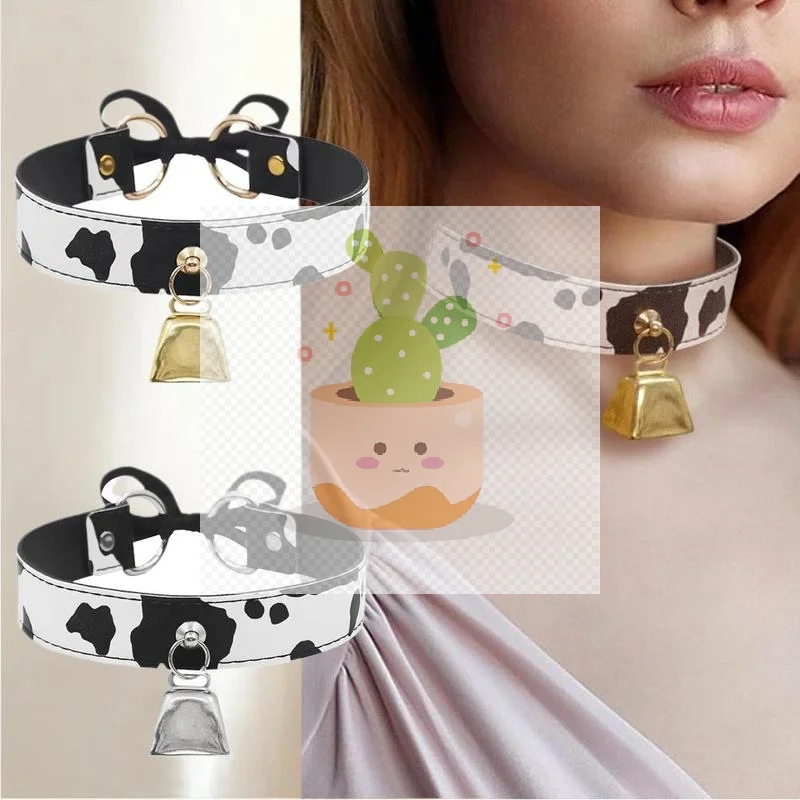 مثير جلد البقرة طباعة جرس قلادة طوق المختنق قلادة للنساء الشرير القوطية الحلو القوس القلائد تأثيري هدايا مجوهرات الحفلات