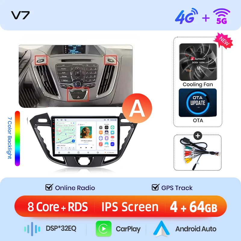 Junsun draadloze CarPlay Android Auto autoradio voor Ford Transit Custom / Tourneo Custom 2012-2023 met ingebouwde koelventilator, Android GPS navigatie, multimediaspeler, WiFi, DSP, RDS, BT, SWC, IPS