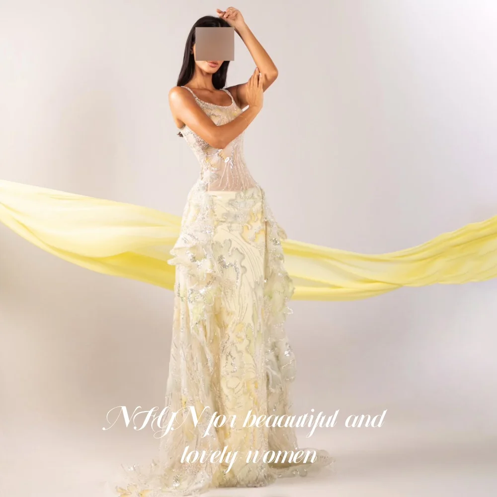 NFYN Dreamy Pale Yellow Spaghetti Strap Evening Dress Beaded Floral Mermaid Prom Gown Long Ruffle Train Party Dresses Customized