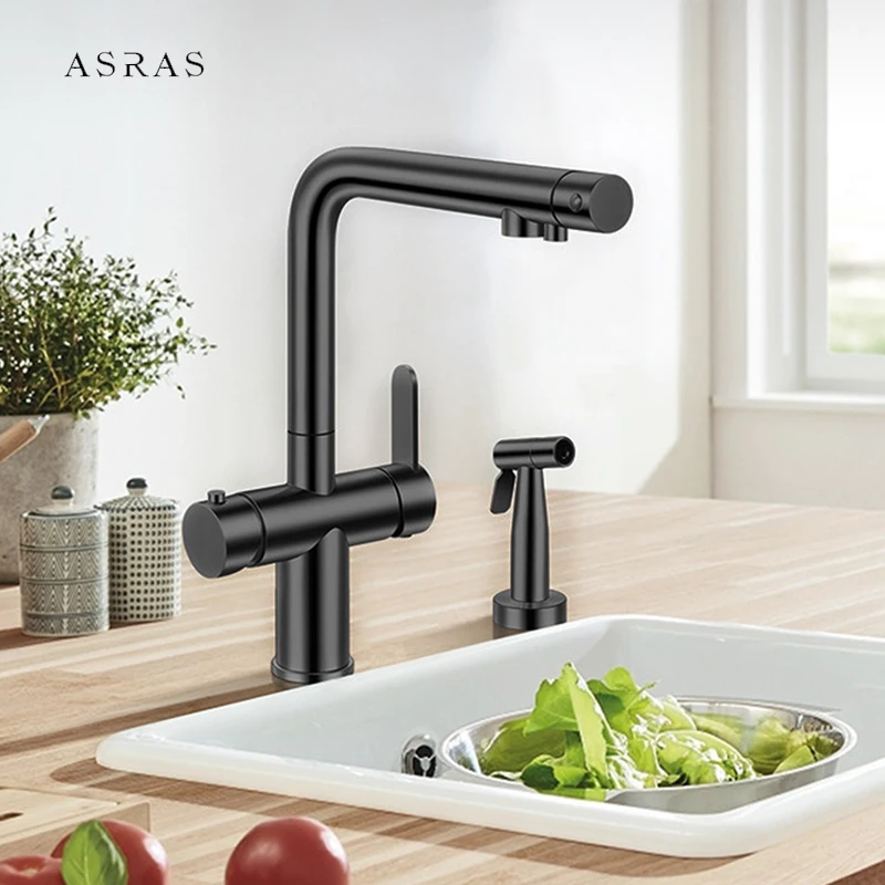 

Кухонный смеситель ASRAS Gun Gray Brass 3-в-1 с функцией распыления, для горячей и холодной воды, с фильтром для питьевой воды