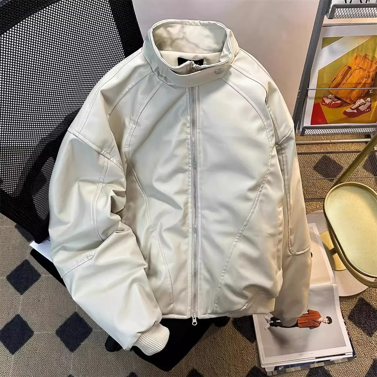 

Модная мужская куртка-косуха из искусственной кожи в американском стиле, с воротником-стойкой, для пар, удлиненная, на молнии