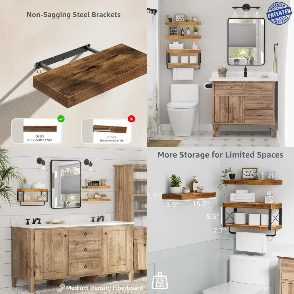 Over-the-Toilet Floating Shelves Set, 16 Farmhouse Style, Rustic Brown, 3-Piece Toilet Paper Storage