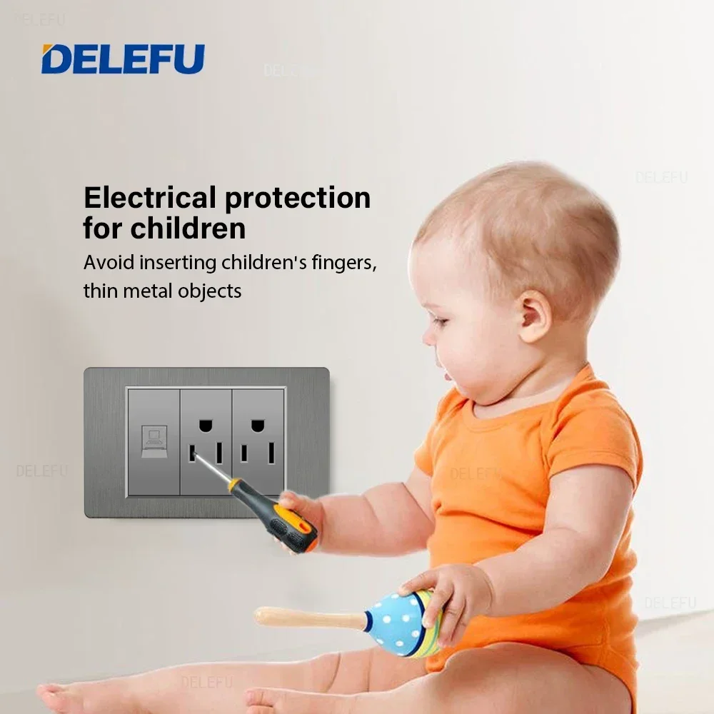 DELEFU Grey PC brushed panel American Standard series 118*74mm wall computer combination socket switch