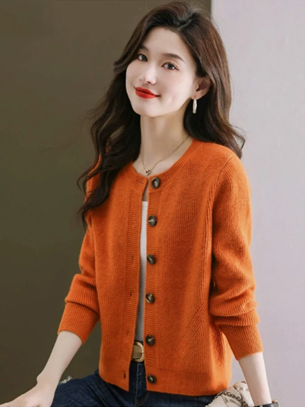 Luźny kardigan z dzianiny wełnianej dla kobiet, odzież wierzchnia na wiosnę i jesień, styl casual, do pracy, włókno poliestrowe, okrągły dekolt, długi rękaw.