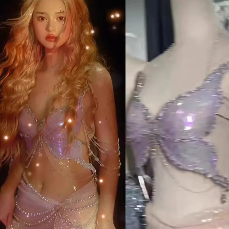 

customized mermaid sexy dreamy silver shimmer butterfly shell glossy top corset camisole strapless sequined skirt bellydance bra