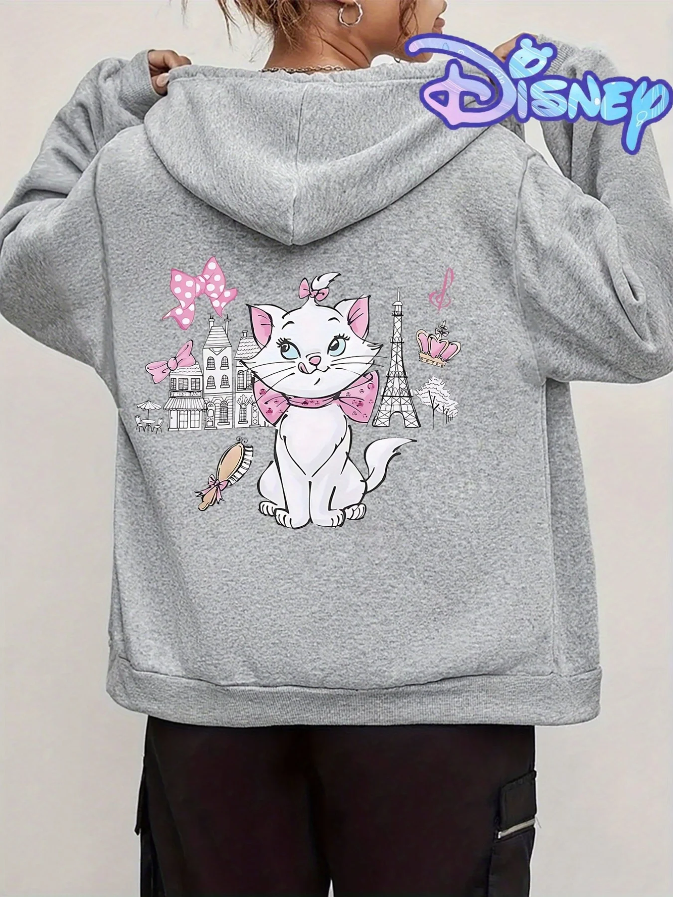 เสื้อฮู้ดลายแมวหอไอเฟลแบบซิป เสื้อสเวตเชิ้ตผ้าฟลีซสำหรับผู้หญิงและผู้ชาย ผ้าฝ้าย ใส่ได้ทั้งฤดูใบไม้ร่วงและฤดูหนาว เสื้อคลุมคอโอ แขนยาว