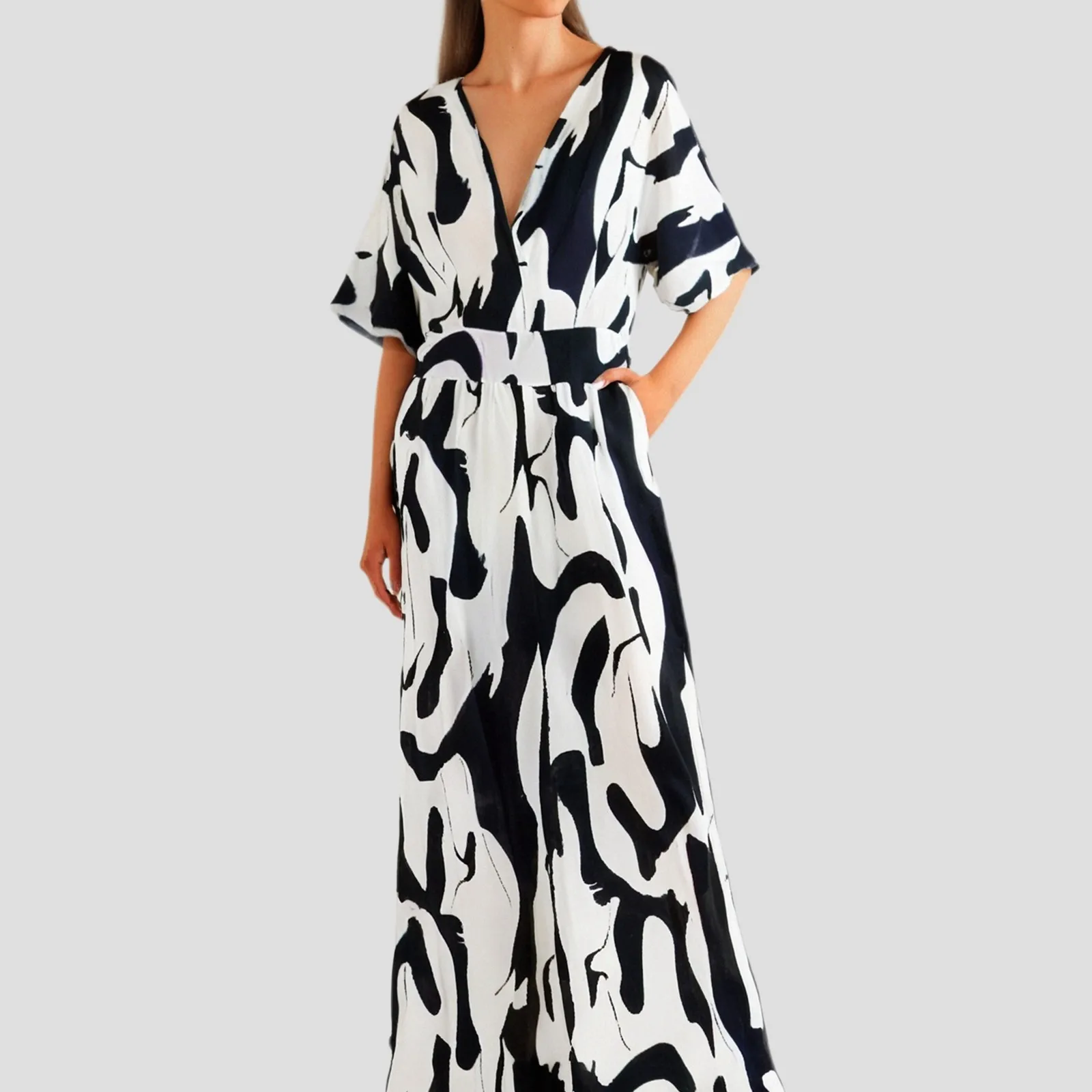 

Women Fashion Jumpsuit Short Sleeved High Waist Sexy V-neck Print Wide Leg Long Pants Jumpsuits Summer New Casual Women Clothes