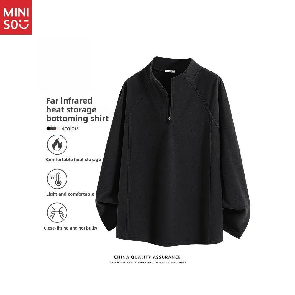 

MINISO Long Sleeve Men's T-Shirt Black Bottom Shirt Men's Winter Fleece Antibacterial Warm T-Shirt A