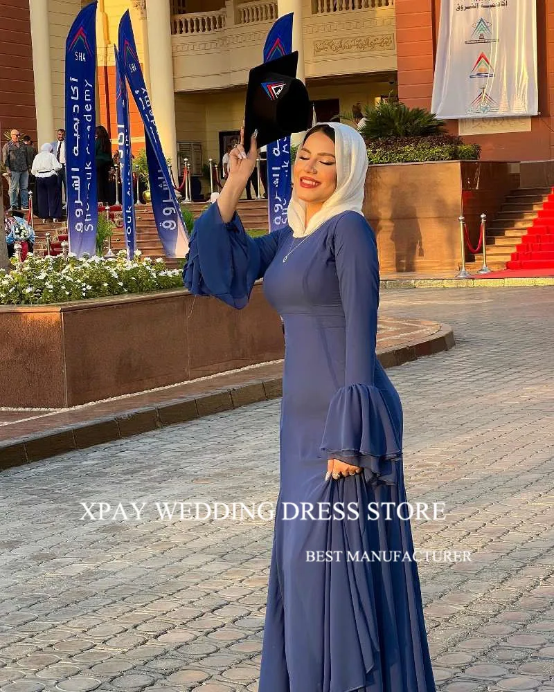 XPAY modesto semplice blu Navy Dubai arabo donne musulmane abiti da sera formali maniche lunghe o-collo alla caviglia abito da ballo in Chiffon