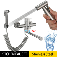 Wall Mounted Kitchen Faucet with Sprayer Stainless Steel Nozzle Booster Sprayer Set Long Spout 360 Degree Swivel Spout Mixer Tap