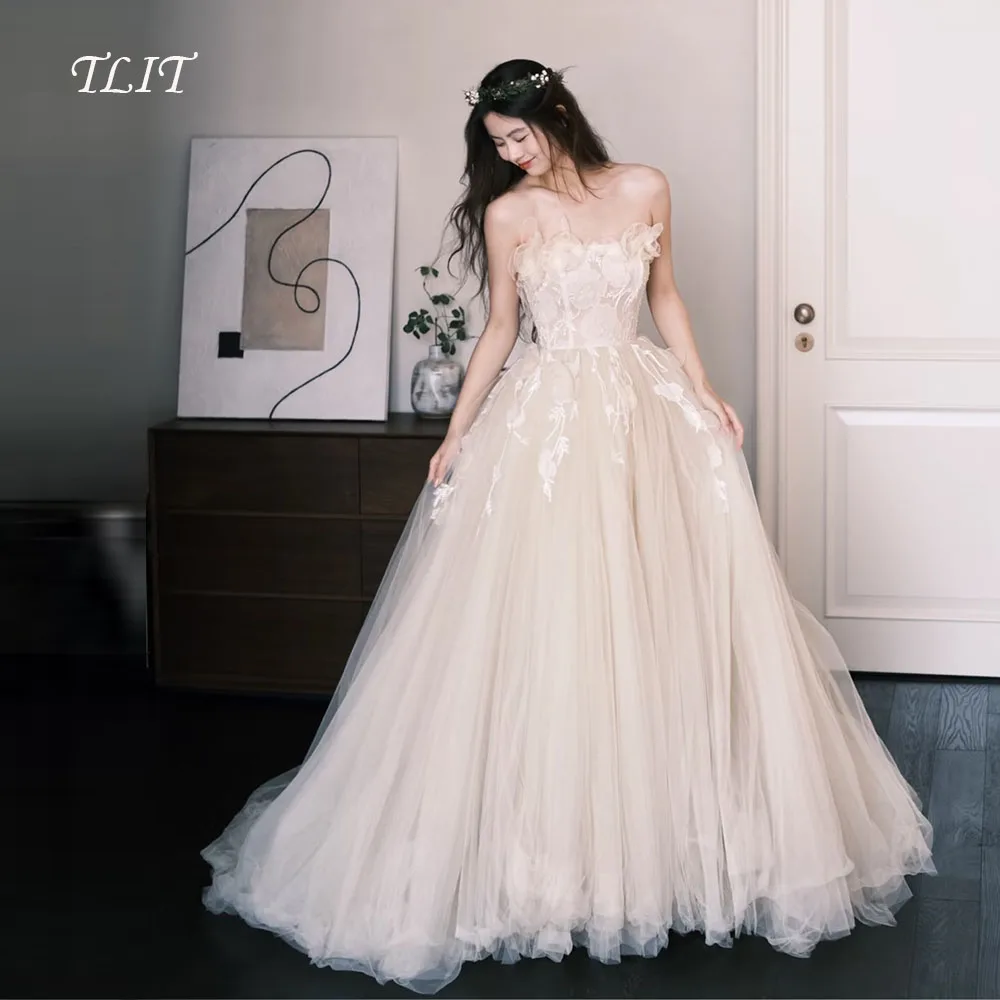 

TLIT Elegant Candy Color Tulle Evening Dresses Customized Korea Wedding Dresses Photo Shoot Strapless Appliques Flowers Gown