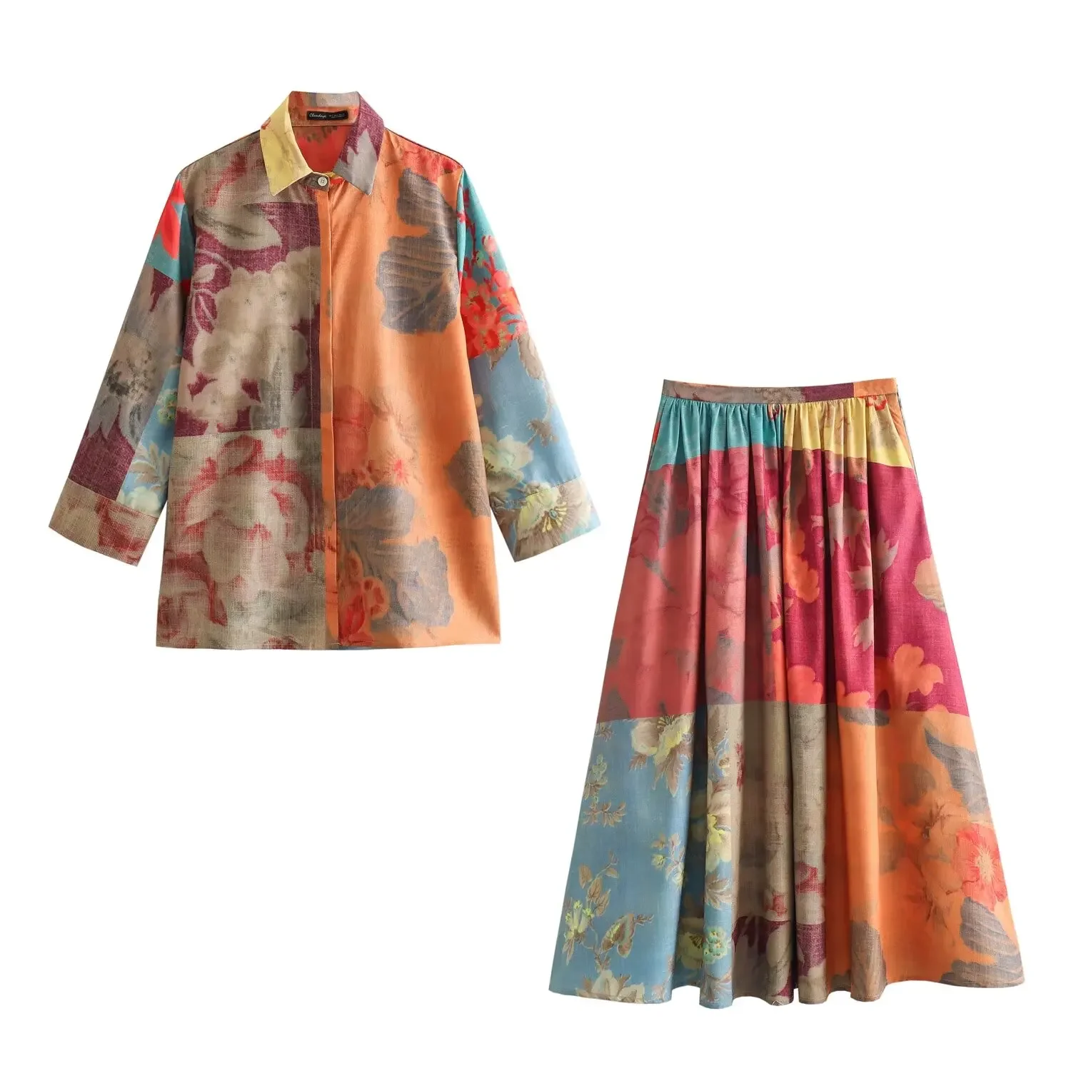 

set woman 2 pieces2024 Fashion Printed shirt Female +Printed midi skirt Women's suit