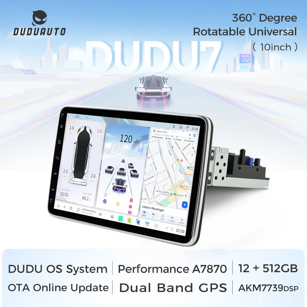 DUDUAUTO DUDU7 1Din Unità principale universale girevole per autoradio da 10 pollici A7870 Sistemi intelligenti Carplay wireless Android 13 a 8 core