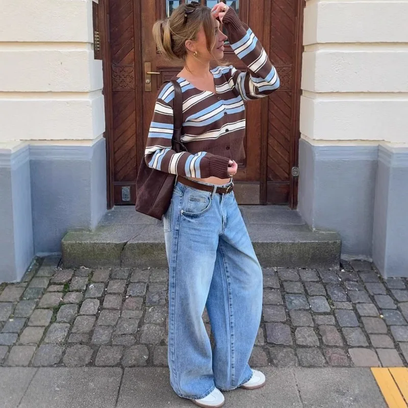 ทาเลนซ่า วินเทจลายถักเสื้อสเวตเตอร์ถักผู้หญิงแฟชั่นคอวีตัดกันเสื้อถักบางฤดูใบไม้ร่วงลำลองสตรีทแวร์ 2025 เสื้อกันหนาวหญิง