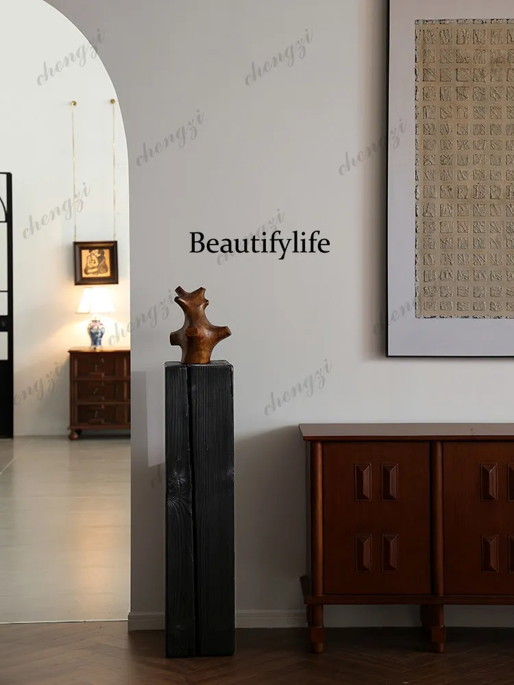 Xingshang solid wood sculpture ornaments, floor-to-ceiling carbonized wooden columns, wabi-sabi style entryway staircase