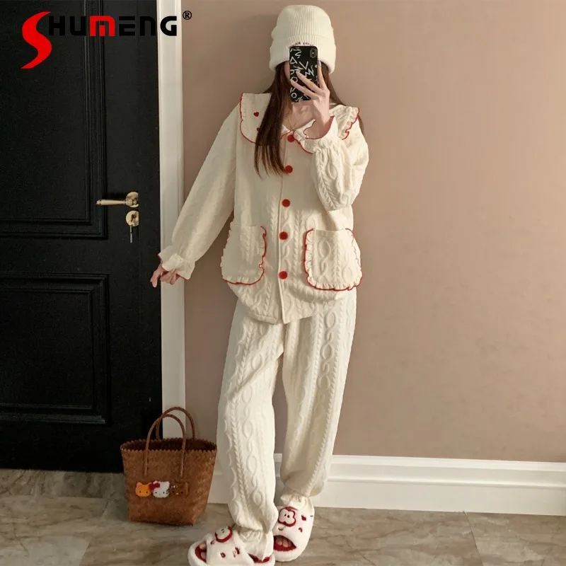 

Ins Style Women's Pajamas Set Autumn Winter Air Cotton Layered Warm Loungewear Female Sweet Pure Cotton Homewear Suits