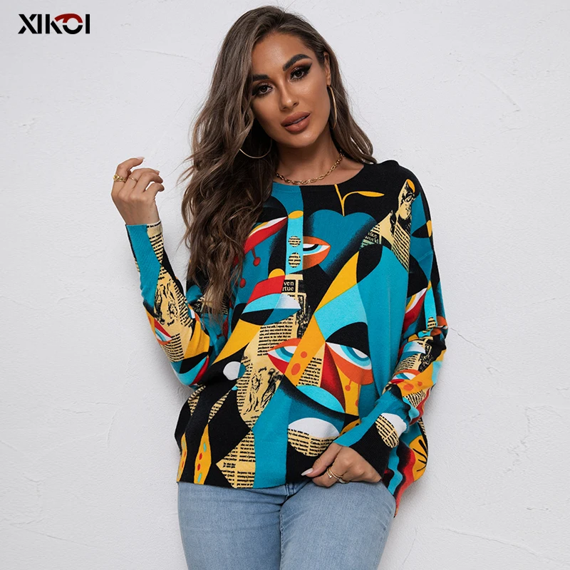 XIKOI Autumn Winter Pullover New Sweater Women High Quality Loose Knitted Sweaters Female Print Sweater Women Casual Tops