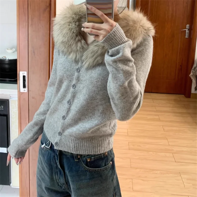 

Faux Fur Hooded Grey Coffee Short Casual Sweater Women New Fall Winter Fashion Knitted Cardigan Top Single Breast Slim Knitwear