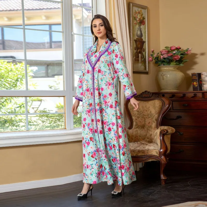 

Saudi Dubai Spring New Muslim Women's Wear Arab Fashion Printed Rhinestones Dress modest dress vestidos largos