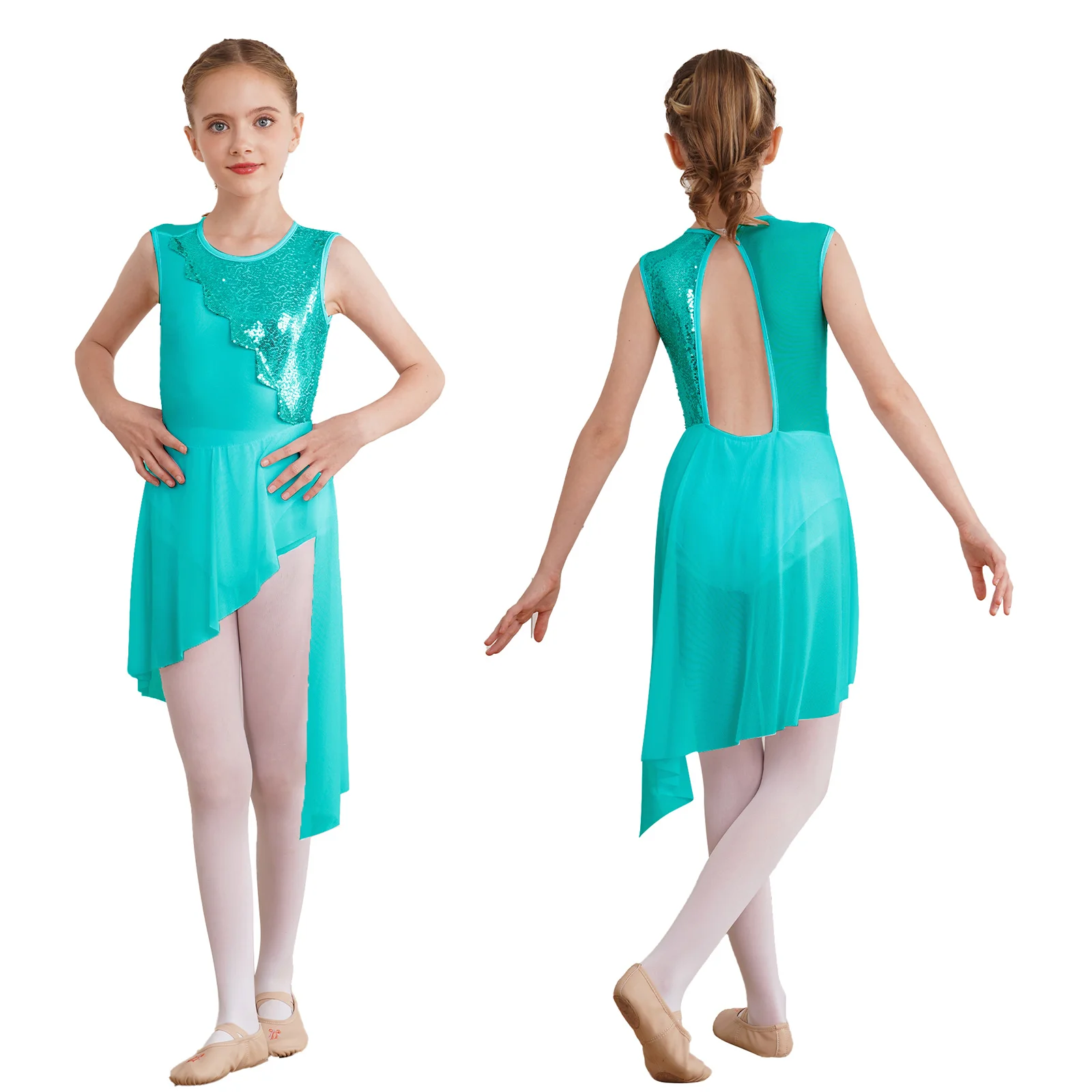 Child Girls Lyrical Dance Dress Sleeveless Backless Shiny Sequin Leotard Dresses Skating Ballet Gymnastics Performance Dancewear