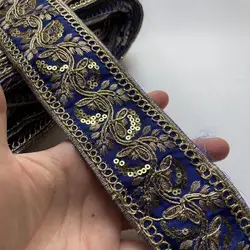 2 Yards Leaf Ethnic Blue Lace 5cm Wide Diamond-Shaped Sequin Glitter Ribbon Trims Embroidery Ethnic Gold Strand Accessories