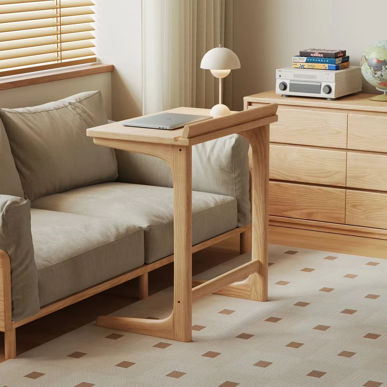 #￥Eco-Friendly Solid Ash Wood Overbed Table, Multi-Functional Side Desk