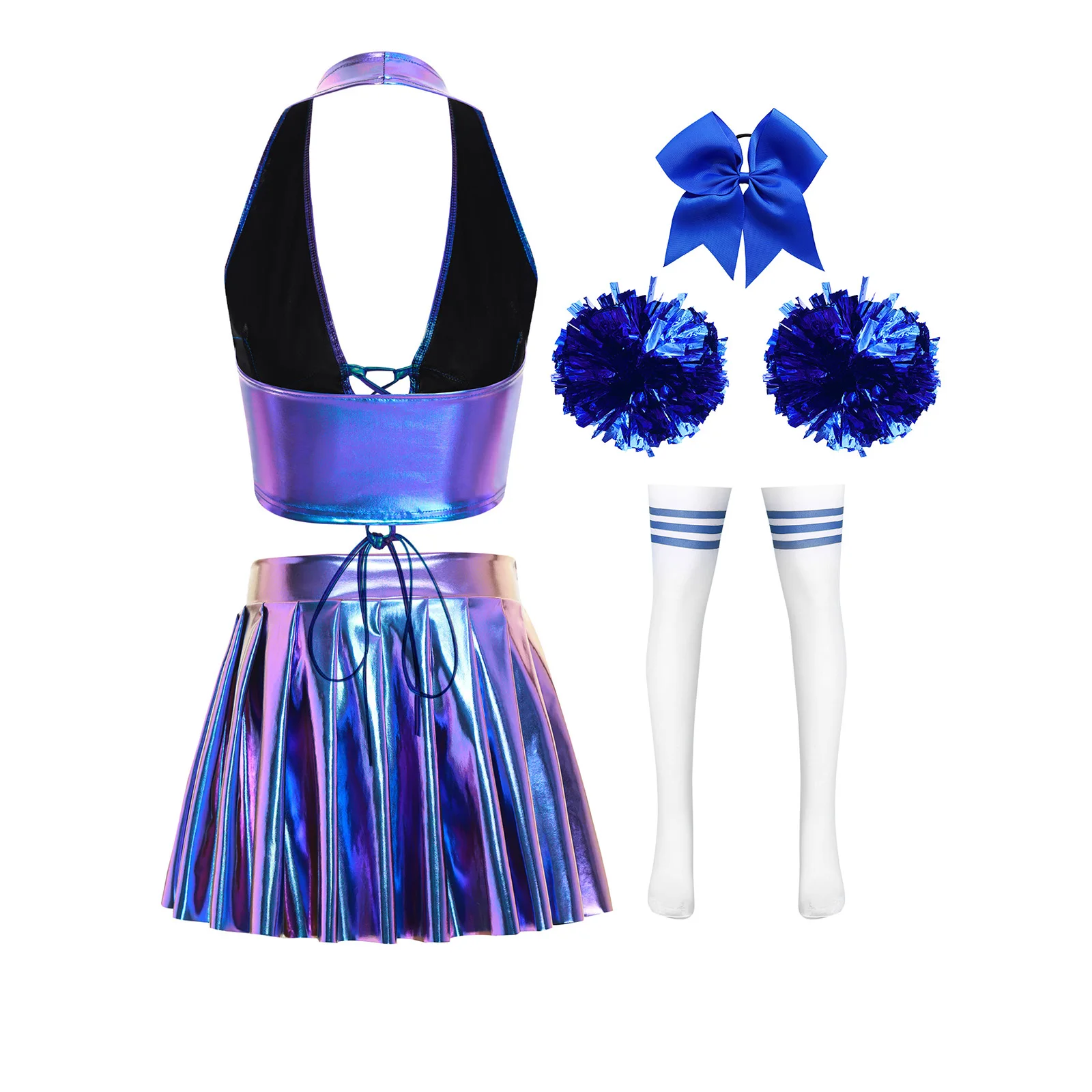 Strój cheerleaderek damski: sznurowany top typu halter, plisowana mini spódniczka, kokardka, gumka do włosów, 1 para kwiatowych bombek i pończochy.