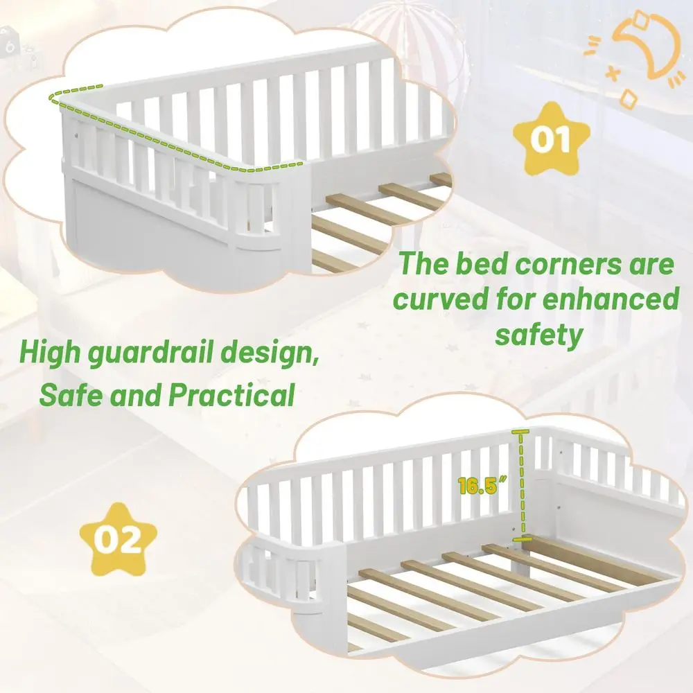 إطار سرير مزدوج من مونتيسوري للأطفال، سرير نهاري خشبي مع قضبان، مناسب للفتيات والفتيان، لا حاجة إلى صندوق زنبركي، أبيض،