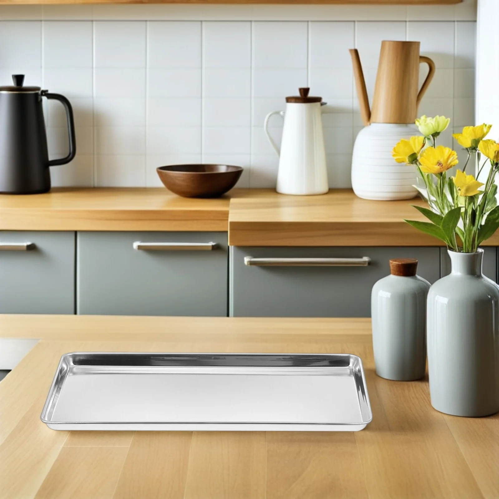 

Stainless Steel Rice Noodle Dish 35x25x1 5cm Rectangular Plate Food Tray Drainage Platter Kitchen Storage Dessert Barbecue