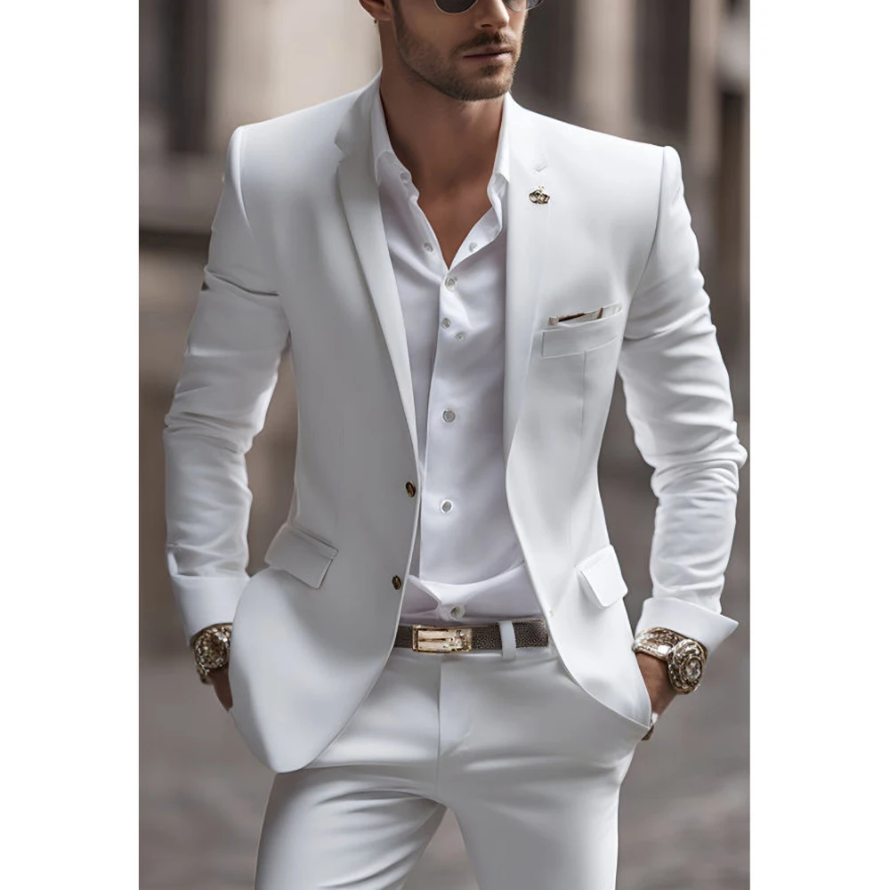 Summer White Men Suits Two Piece Fashion Notch Lapel Single Breasted Suit Slim Fit Elegant Smart Casual Groom Wedding Tuxedo