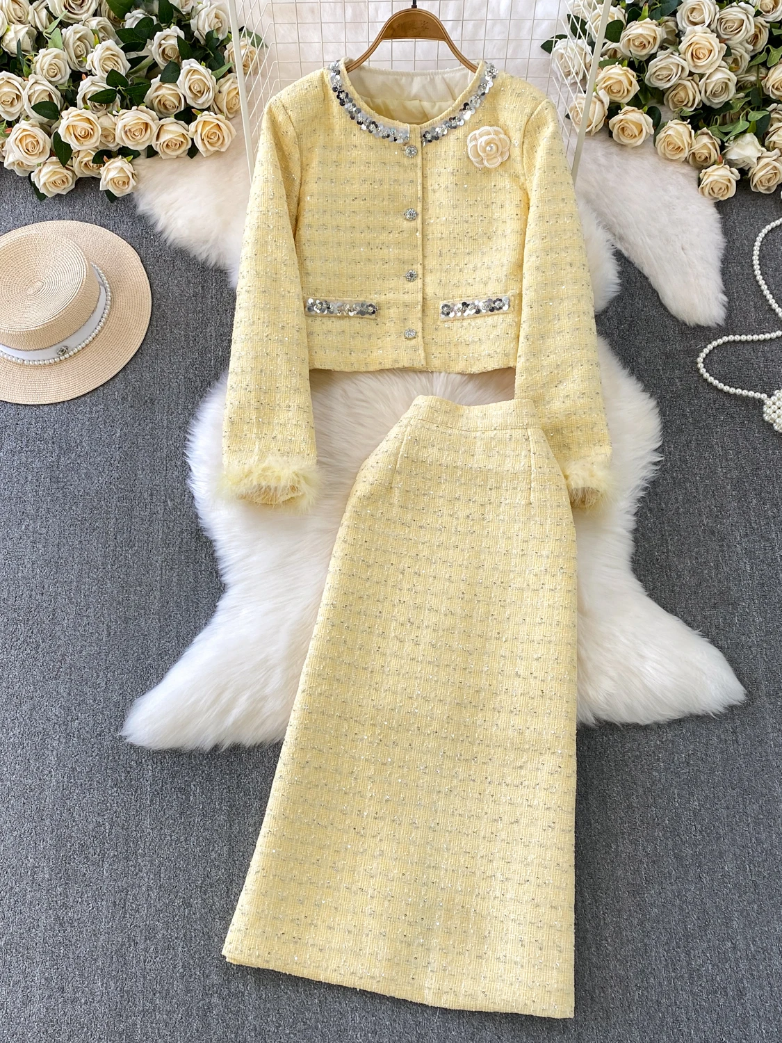 

Fall Winter Hairy Sleeve Jacket Women's Luxury Sequined Tweed + Long Skirt Two-Piece Sets