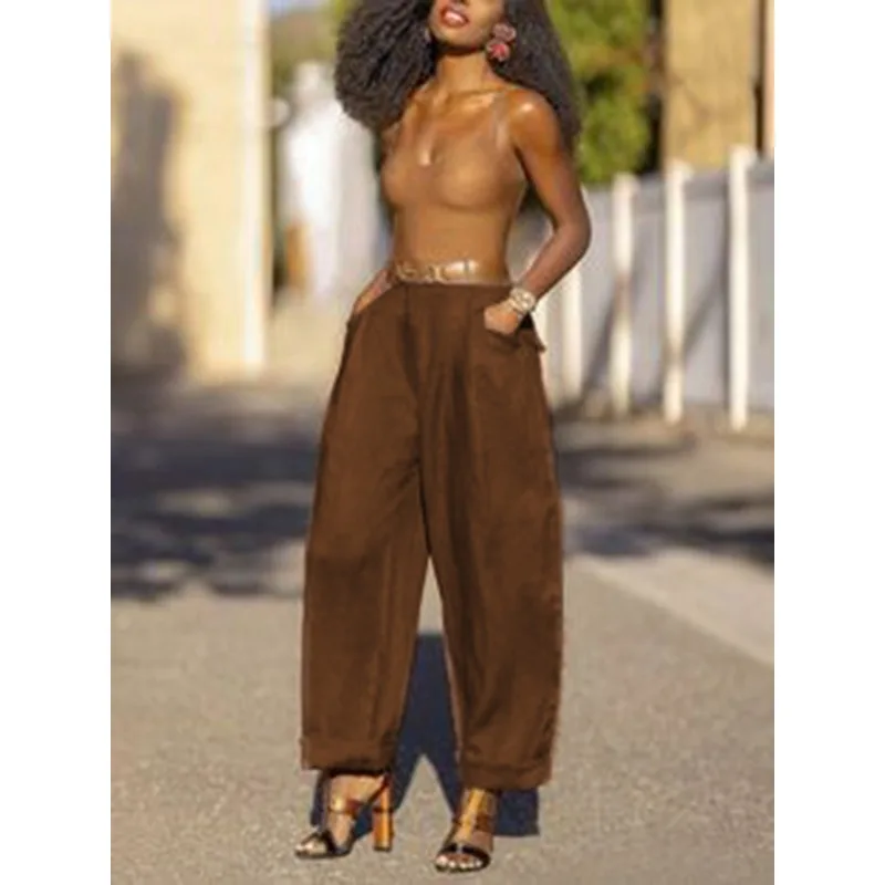 

Tinaa Vintage 100%cotton Women's Pants 2025 Solid Color Pockets Folds Wide-leg Pant Officewear Trousers Woman Clothes 187735