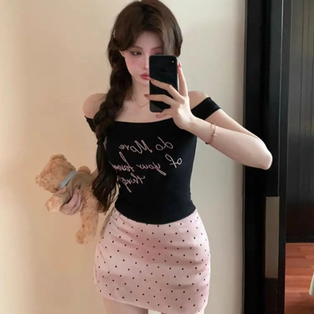 Top corto Retro Ins con hombros descubiertos, camiseta ajustada con diamantes de imitación, ropa femenina, camisa de fondo para mujer, verano