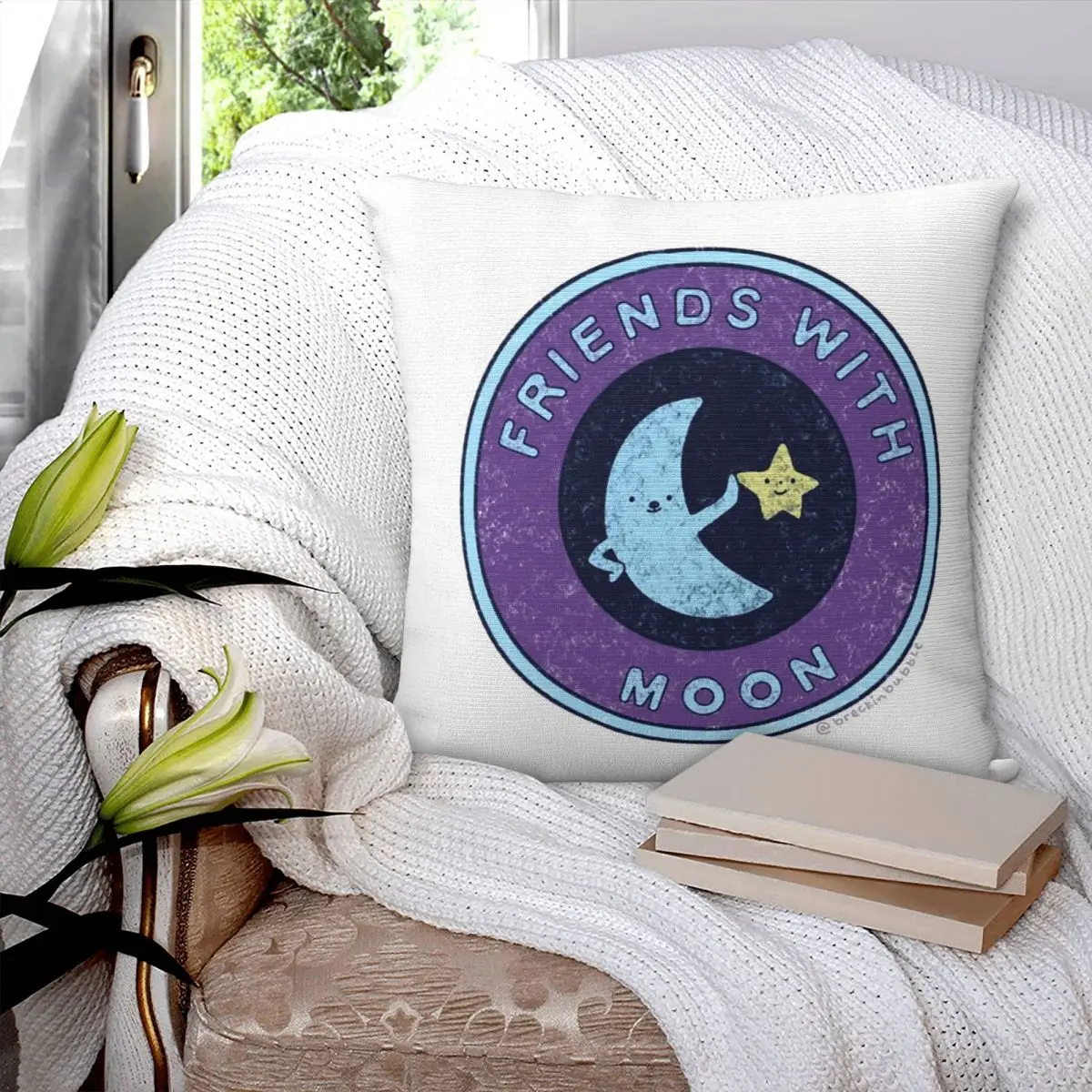 Friends With Moon Badge Square Pillowcase Pillow Cover Polyester Cushion Decor Comfort Throw Pillow for Home Car