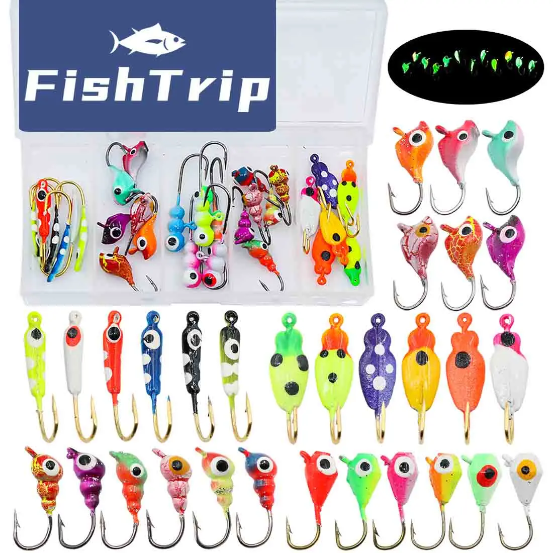 

FishTrip Ice Fishing Jigs Kit Ice Fishing Hook Hard/ Soft Baits Ice Fishing Lures and Jigs Glow in The Dark Walleye Pike Jigs