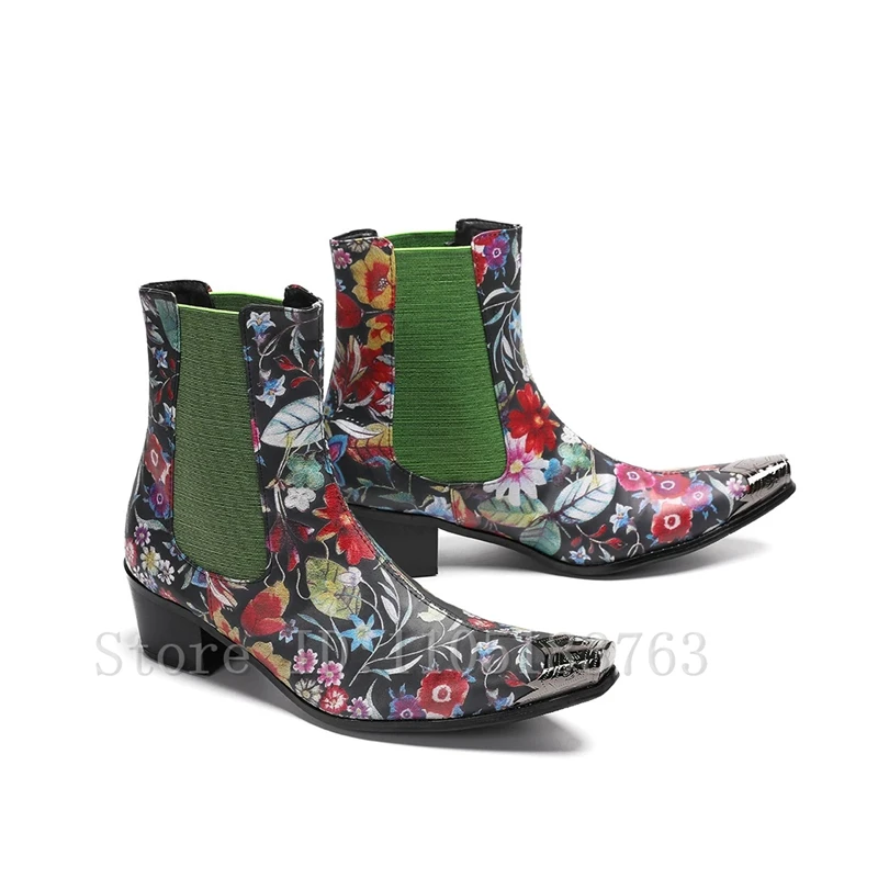 Floral Printed Men Western Cowboy Chelsea Boots Metal Toe Elastic Side Panel Ankle Booties for Party Stage Wedding Party
