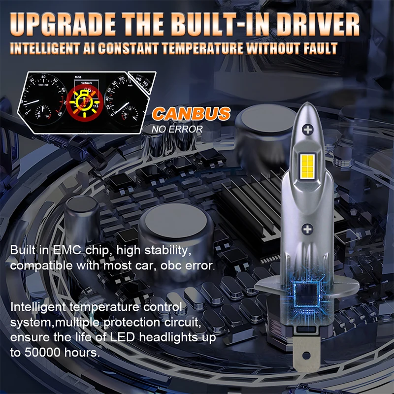 2PCS H1 LED 1000W 800000LM H1 Car Lights 16PCS 8054 CSP Chips 6500K T10 Auto Mini Diode 1: 1 Size Turbo Lamps Plug&Play 12V 24V
