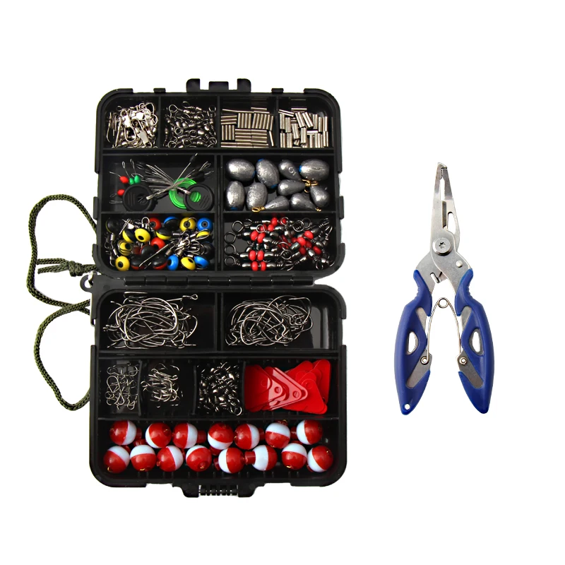 263pcs Outdoor Fishing Accessories Set With Tackle Box Including Plier Jig Hooks Sinker Weight Swivels Snaps Sinker Slides Kit