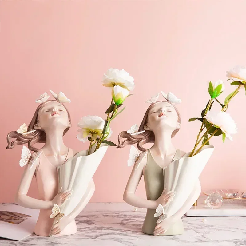 Butterfly Girl Figurines Resin  Flower Vase Ornaments Creative Sculpture Modern Decoration Desktop Crafts Gift Home Decortion
