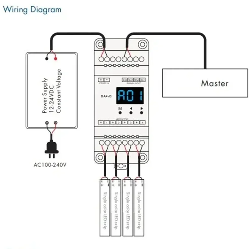 AA87 12-24VDC CV Dimmer DA4-D (Din Rail)(DT6) 4Chx5a PMW Dimming 4 X (60-120)W Driver For Single Color RGBW Tape Strip Light