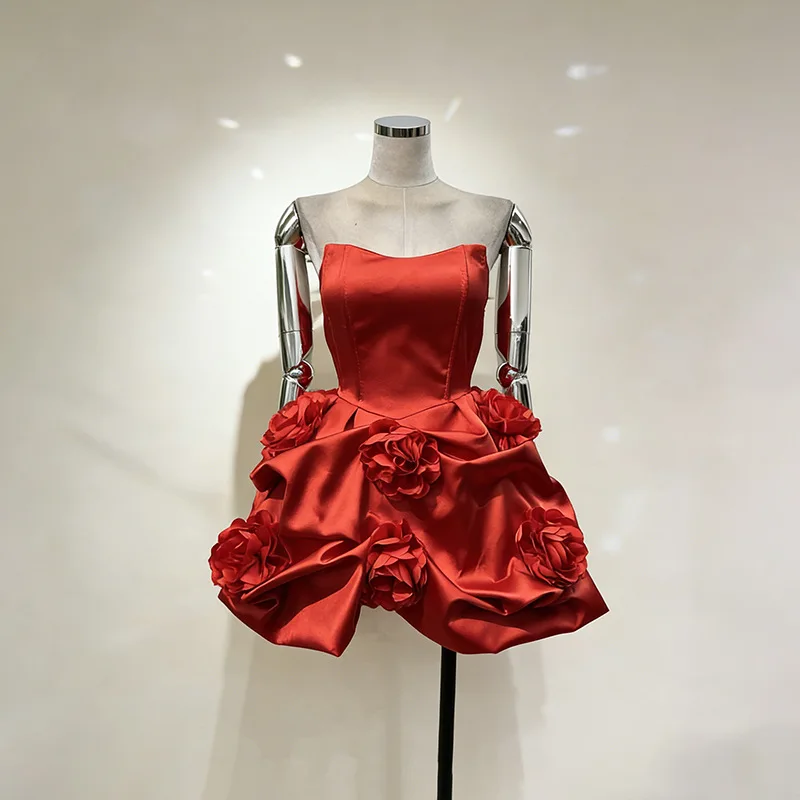 

Women’s Red Strapless 3D Rose Floral Appliqué Satin Dress Elegant Formal Evening Gown