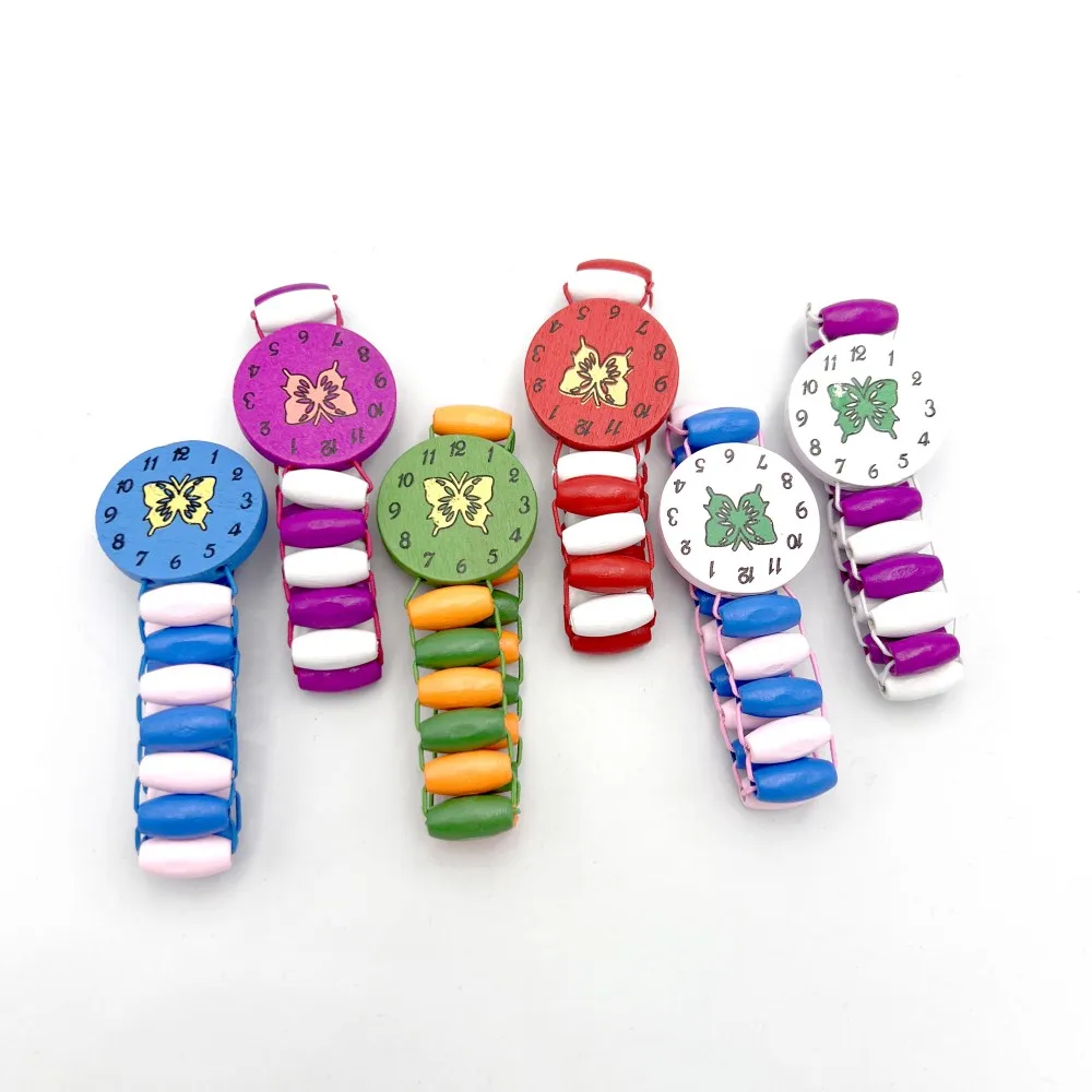RANDOM! 1PC Girls Colorful Wood Beaded Elastic Bracelet Imitation Watch Wristbands Birthday Gift Jewelry for Kids