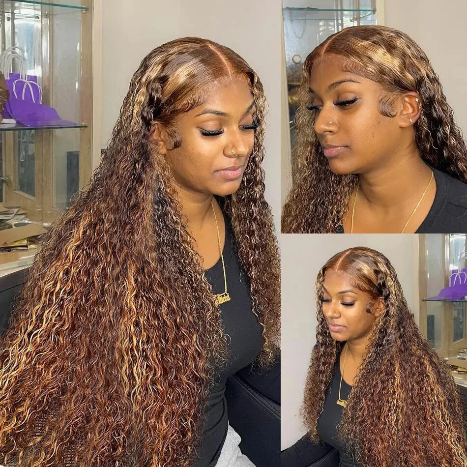 Hd 13x4 13x6 braune Spitze Front Perücke honig blond gefärbte lockige Echthaar Perücken Highlight Perücke Echthaar Deep Wave Spitze Frontal Perücke