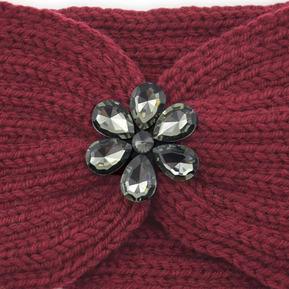 Elegant Rhinestone Flowers Knitted Headband Women Sports Yoga Elastic Hairbands Bandana Autumn Winter Ear Protection Headwrap